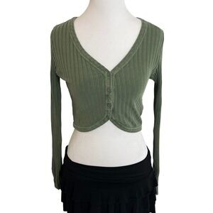 Ribbed Cropped Cardigan Top Olive Green Long Sleeve‎ Button Down Casual
